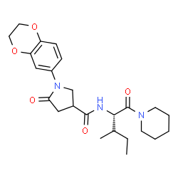 ChemSpider 2D Image | 1-(2,3-Dihydro-1,4-benzodioxin-6-yl)-N-[(2S,3R)-3-methyl-1-oxo-1-(1-piperidinyl)-2-pentanyl]-5-oxo-3-pyrrolidinecarboxamide | C24H33N3O5