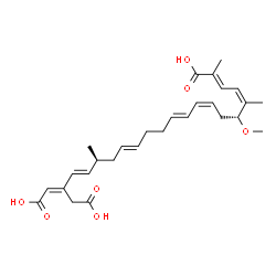 ChemSpider 2D Image | (2E,4Z,6R,8Z,10E,14E,17S,18E,20E)-20-(Carboxymethyl)-6-methoxy-2,5,17-trimethyl-2,4,8,10,14,18,20-docosaheptaenedioic acid | C28H38O7