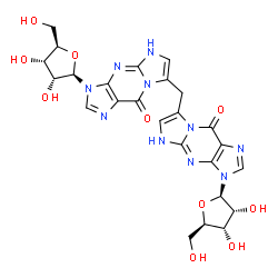 ChemSpider 2D Image | 3-[(2R,3R,4S,5R)-3,4-dihydroxy-5-(hydroxymethyl)tetrahydrofuran-2-yl]-7-[[3-[(2R,3R,4S,5R)-3,4-dihydroxy-5-(hydroxymethyl)tetrahydrofuran-2-yl]-9-oxo-5H-imidazo[1,2-a]purin-7-yl]methyl]-5H-imidazo[1,2-a]purin-9-one | C25H26N10O10