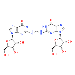 ChemSpider 2D Image | 9-[(2R,3R,4S,5R)-3,4-Dihydroxy-5-(hydroxymethyl)tetrahydro-2-furanyl]-2-{[({9-[(2R,3R,4S,5R)-3,4-dihydroxy-5-(hydroxymethyl)tetrahydro-2-furanyl]-6-oxo-6,9-dihydro-3H-purin-2-yl}amino)methyl]amino}-1,
9-dihydro-6H-purin-6-one | C21H26N10O10